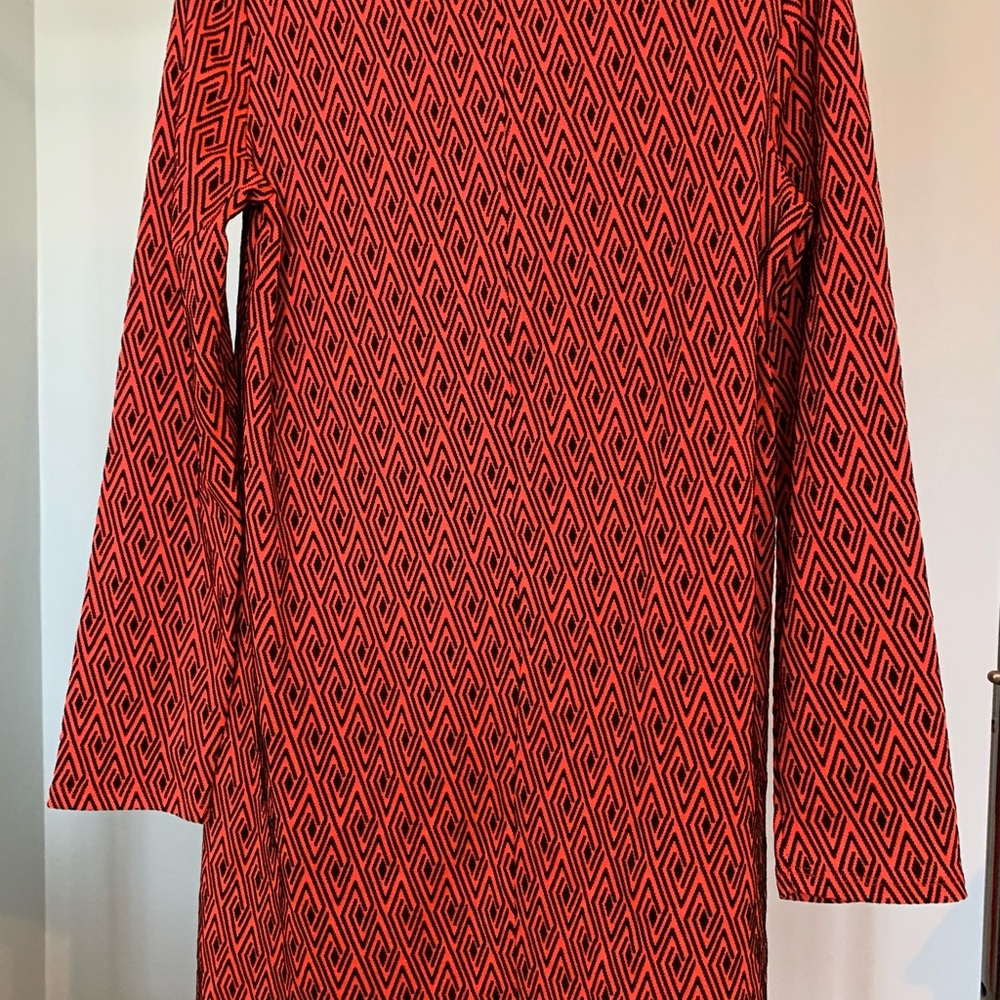 Zara dress, medium, long sleeve, orange with geometric pattern.